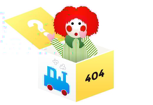Bosco with a surprised expression, coming out of a box with a question mark, a train and the text 404 on its sides.