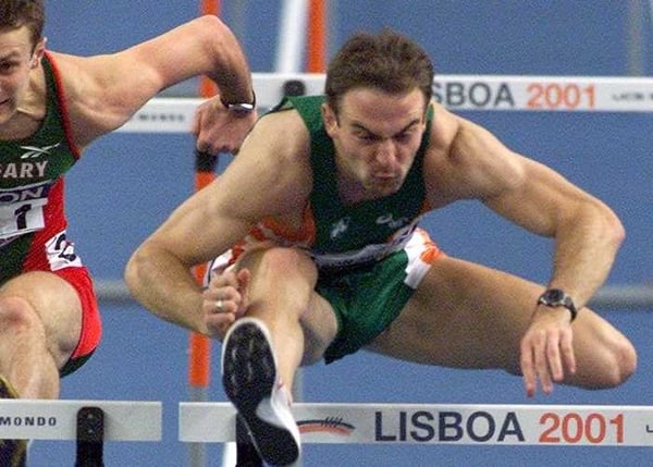 Peter Coghlan in action in the Indoor 60 metres hurdles.