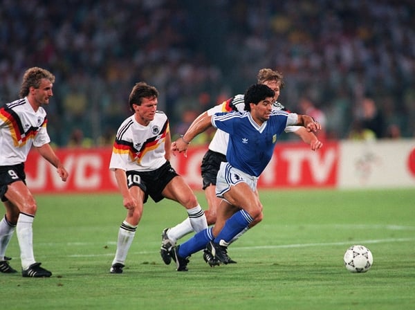 Diego Maradona in action against West Germany at Italia 90