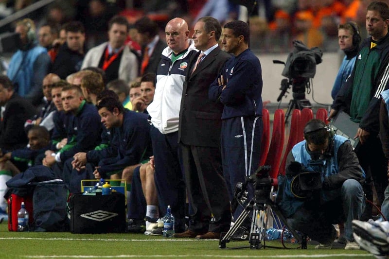 Brian Kerr, along with assistants Noel O'Reilly (left) and Chris Hughton (right) watch the action last night