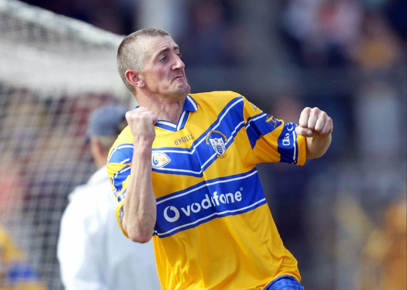 Clare's Denis Russell celebrates scoring his second half goal at Cusack Park today