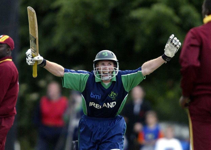 Andrew White celebrates Ireland's unlikely victory over the West Indies