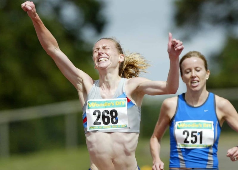 Maria McCambridge celebrates her National 5,000 win over Una English last July