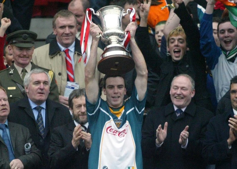 Pádhraic Joyce lifts the Cormac McAnallen trophy at Croke Park