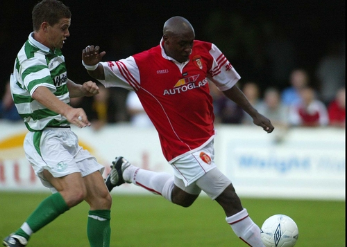 Charles Mbabazi Livingstone in action for St Pats in April 2003