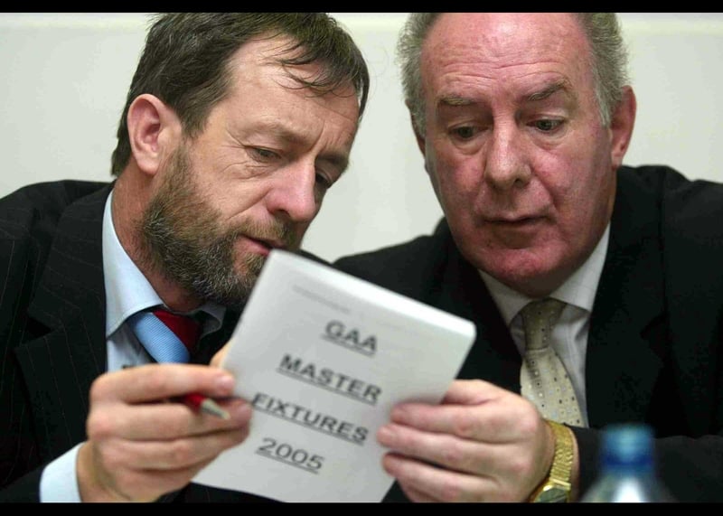 GAA president Sean Kelly (left) and the GAC secretary Sean Uí Laoire inspect the 2005 fixtures