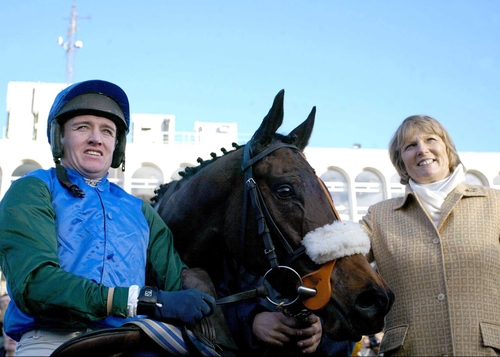Barry Geraghty, Macs Joy and Jessica Harrington, the winning team at Punchestown today