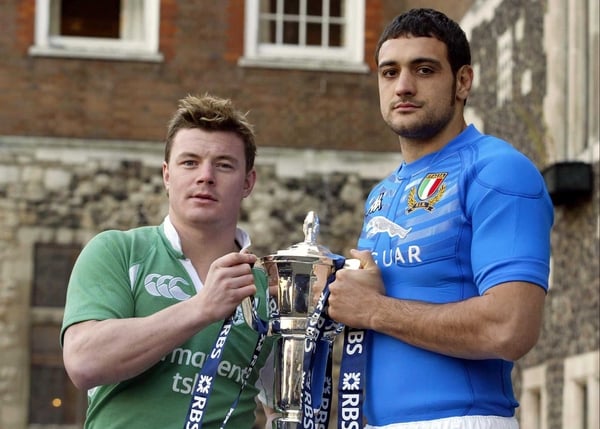 Irish captain Brian O'Driscoll and Italian skipper Marco Bartolami pictured with the Six Nations trophy at the tournament's launch in London today