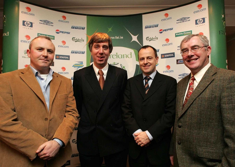 Pictured at the launch of the new TV deal for the domestic club game (from left to right): RTÉ's Glen Killane, FAI CEO John Delaney, Setanta's Niall Cogley and TG4's Pól Ó Gallchoir