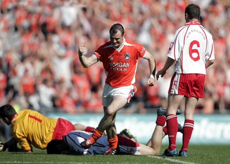 Armagh's Steven McDonnell finds the net in the original encounter
