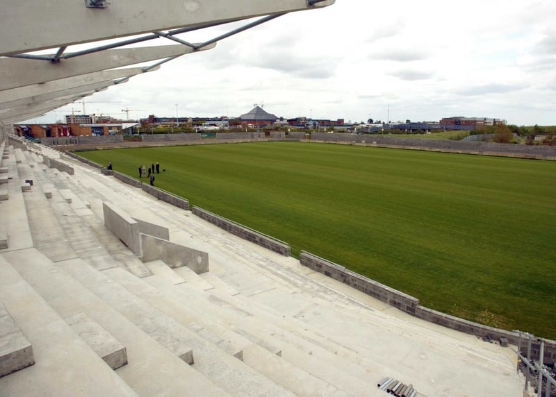 The view of the pitch from the stand in Shamrock Rovers' uncompleted stadium in Tallaght