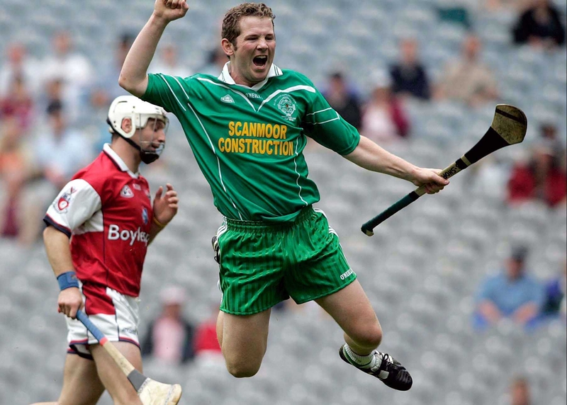 London's Barry Shortall celebrates hitting the net against Louth