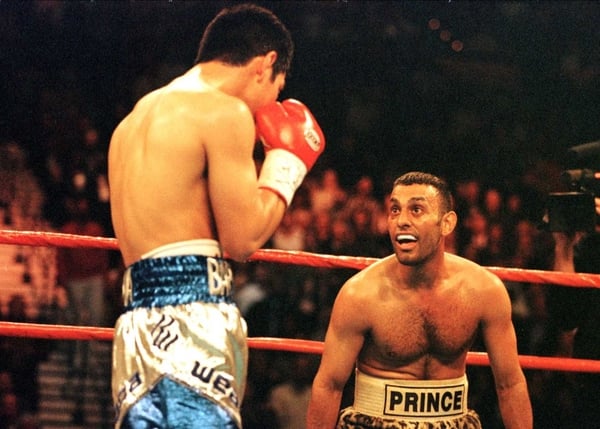 Naseem Hamed in a typically provocative mood during an encounter with Mexico's Marco Antonio Barrera