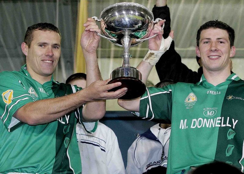 Leinster's Ciaran Whelan (left) and Colin Moran (right) hold the Railway Cup aloft