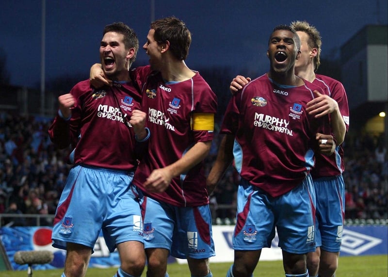 Drogheda United captain Declan O'Brien celebrates Gavin Whelan's opener against Cork City