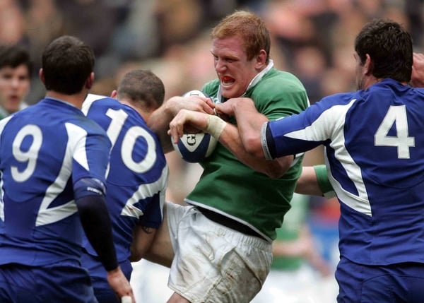 Paul O'Connell is tackled by France's Frederic Michalak during the game in Paris this afternoon