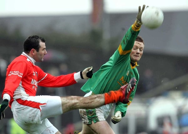 Armagh's Stephen McDonnell's shot is blocked down by Caoimhin King of Meath