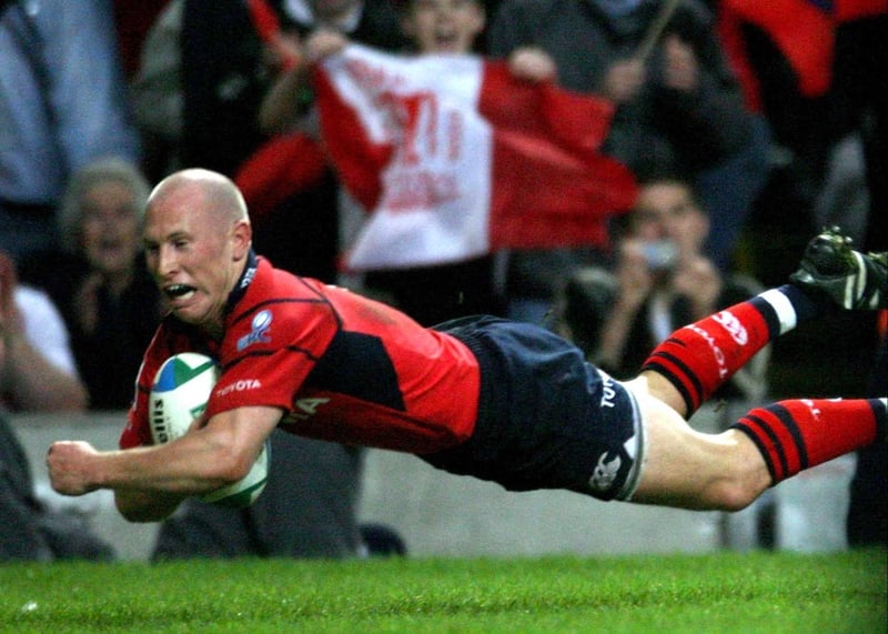 Man of the match Peter Stringer caps his audacious try and seals victory for Munster today