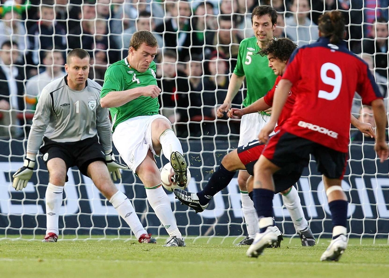 Shay Given and Richard Dunne are unable to prevent Iturra scoring from close in