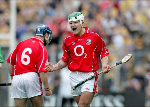 Timmy McCarthy celebrates scoring for Cork today
