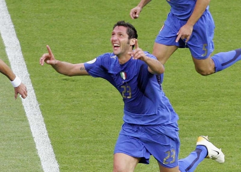 Marco Materazzi celebrates after equalising for Italy in the World Cup final against France