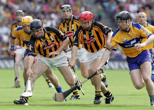 Kilkenny's Noel Hickey and Tommy Walsh escape the attentions of Niall Gilligan at Croke Park today