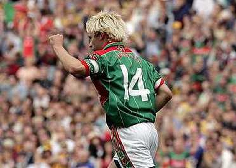 Mayo's Conor Mortimer celebrates scoring the late equalising point in this afternoon's entertaining clash at Croke Park