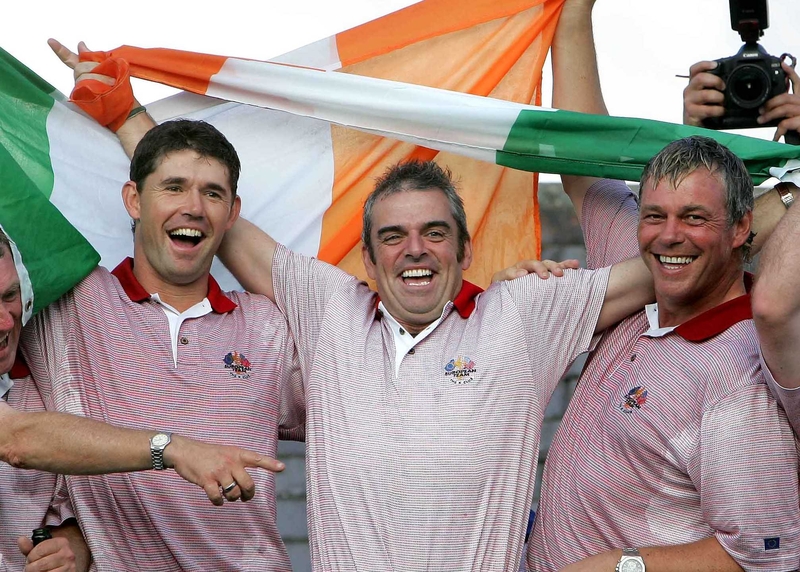 Harrington, McGinley and Clarke celebrate winning the Ryder Cup