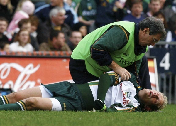 Graham Geraghty lies unconscious in Croke Park yesterday