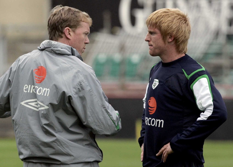 Steve Stauinton talks tactics with Paul McShane during training yesterday
