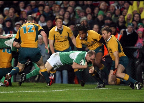 Denis Hickie goes over for Ireland's first try at Lansdowne Road this afternoon