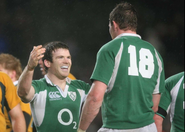 Gordon D'Arcy celebrates with Malcolm O'Kelly after the 21-6 victory over Australia
