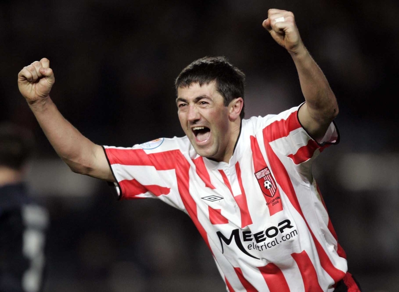 Derry City captain Peter Hutton celebrates his goal