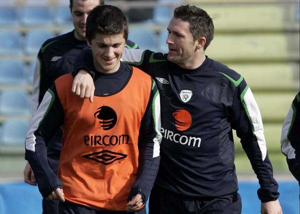 Ireland captain Robbie Keane has a word with Shane Long ahead of tonight's game in San Marino