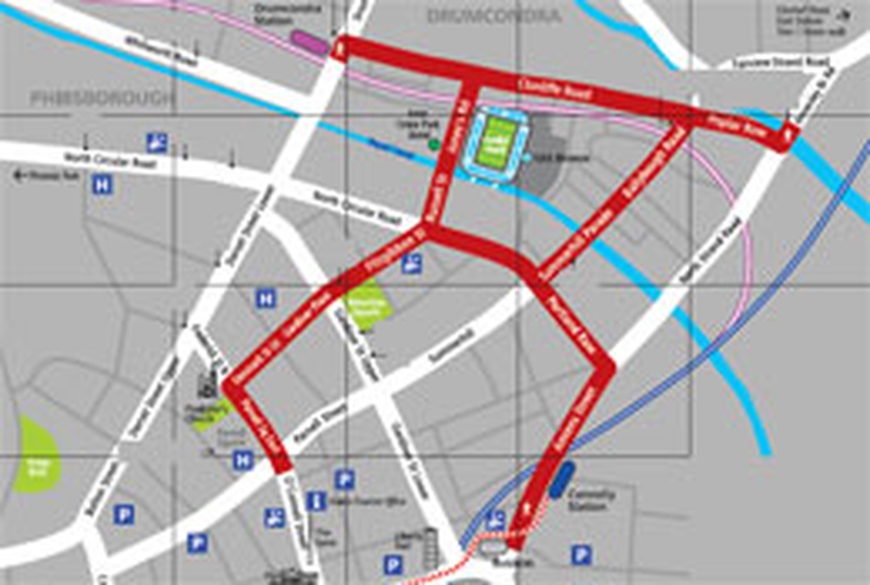 Croke Park - Traffic restrictions in red - Click here for full version