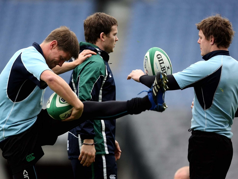 Ronan O'Gara, Gordon D'Arcy and Brian O'Driscoll at today's training session in Croke Park