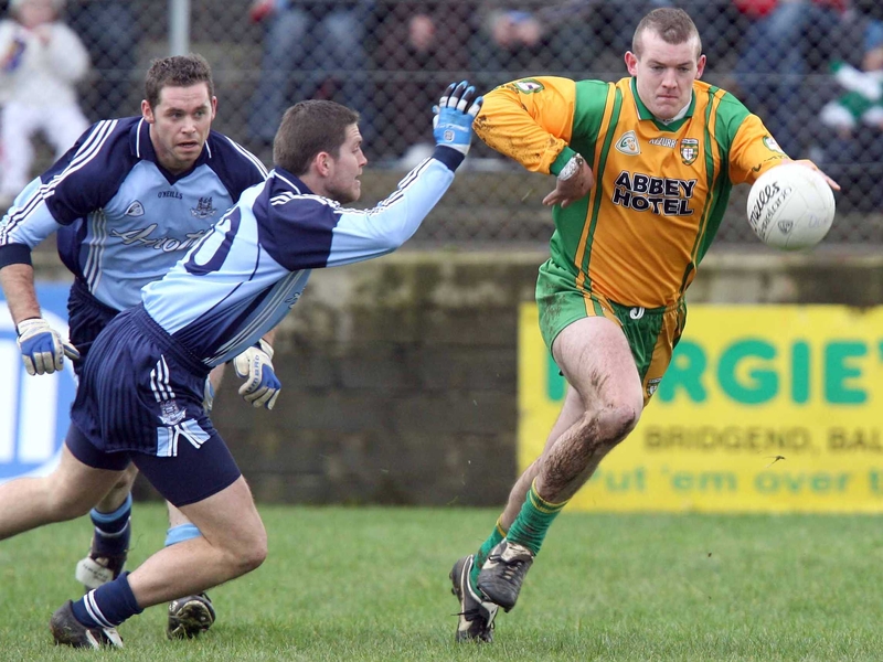 Donegal's Neil Gallagher evades a Dublin tackle in Ballyshannon