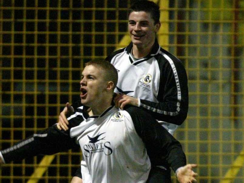 Phillip Gorman and Gary Walsh celebrate scoring the first goal against Shelbourne