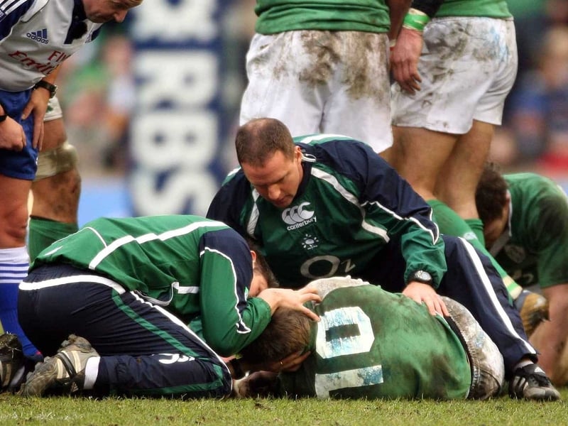 Ronan O'Gara receives treatment at the final whistle yesterday