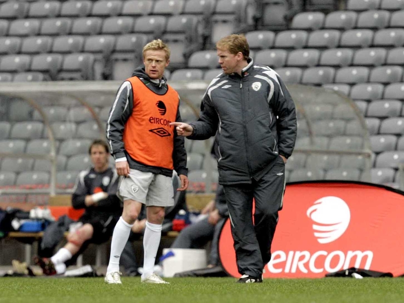 Steve Staunton talks to Damien Duff during yesterday's training session at Croke Park