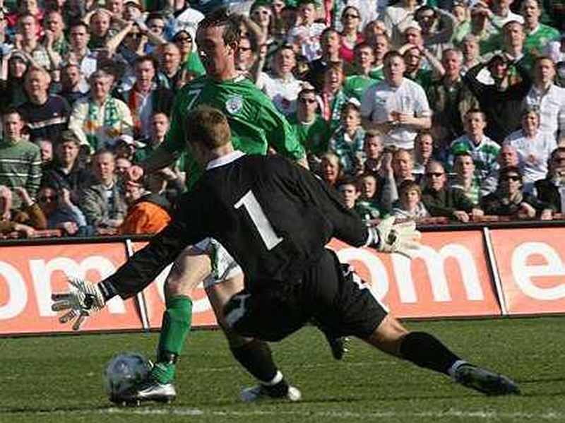 Stephen Ireland goes past Wales 'keeper Danny Coyne to score at Croke Park
