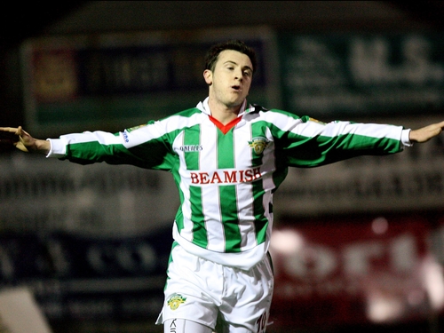 Roy O'Donovan celebrates his hat-trick against Portadown
