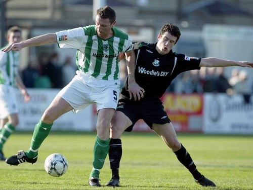 Bray's Clive Delaney and Tadgh Purcell of Shamrock Rovers