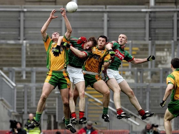Players from Donegal and Mayo tussle for the ball at Croke Park