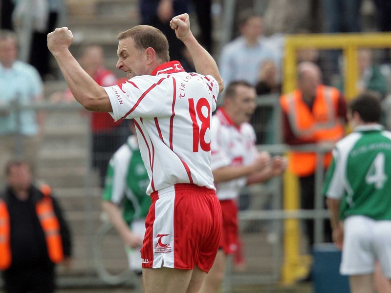 Tyrone's Ger Cavlan celebrates his winning score over Fermanagh