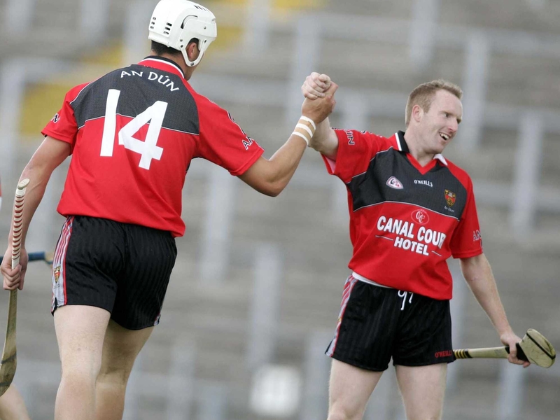 Gareth Johnson (l) celebrates one of his goals with Paddy Coulter