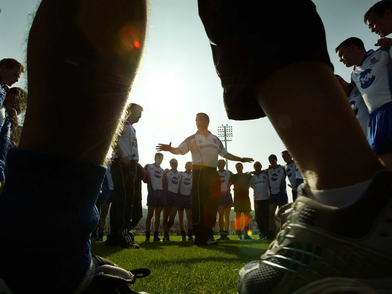 Monaghan manager Seamus McEneaney delivers his post-match talk