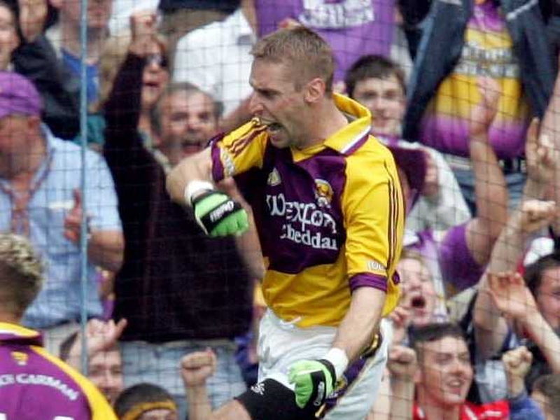 Mattie Forde celebrates a penalty score during last year's Leinster SFC semi-final with Offaly
