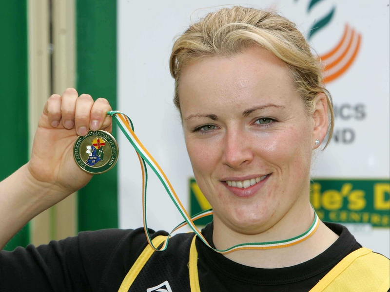 Kilkenny City Harriers Eileen O'Keeffe with her gold medal from the women's hammer