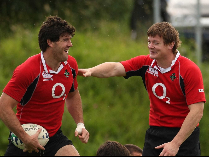 Brian O'Driscoll (r) shares a joke with Shane Horgan